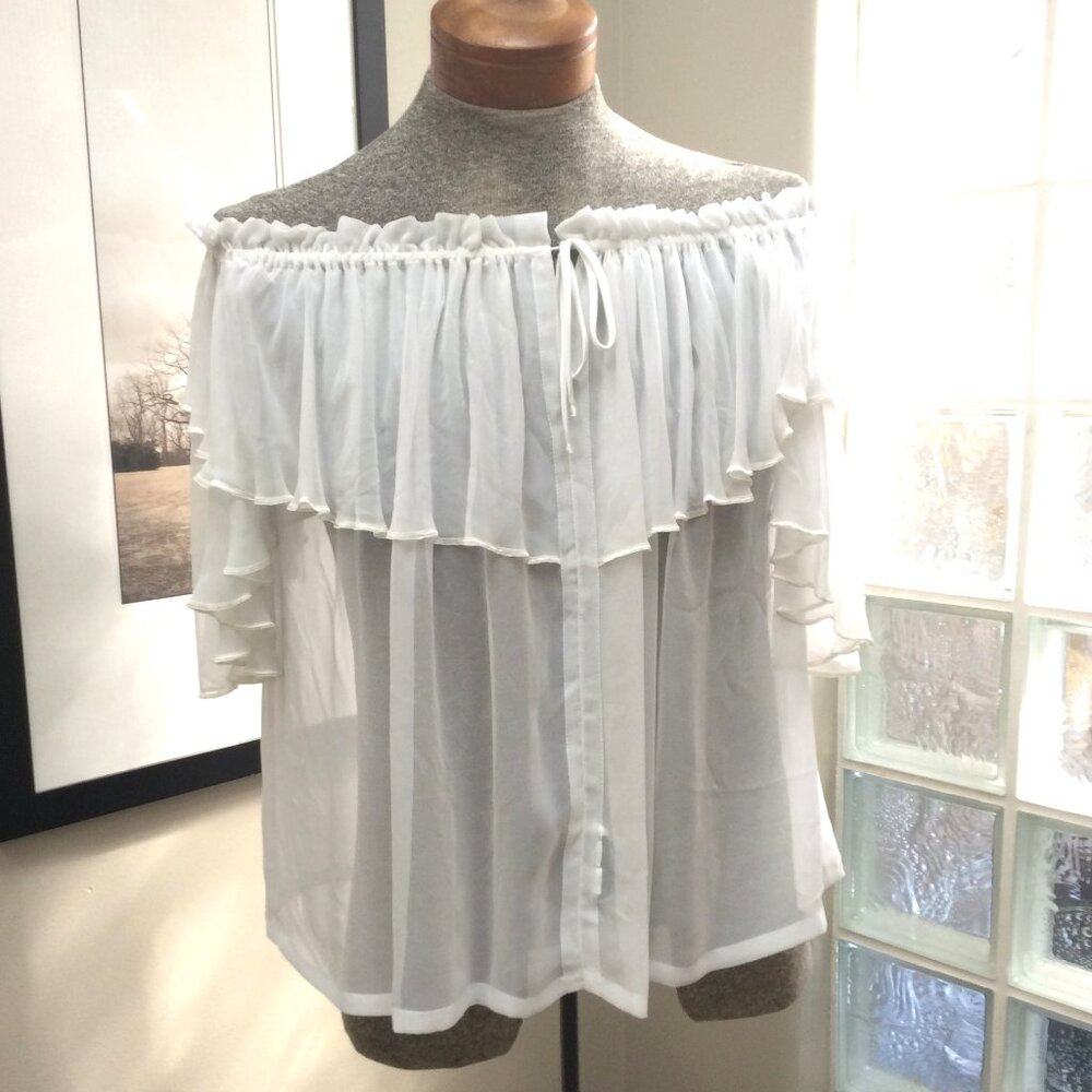 Vintage WAYNE CLARK White Ruffled Chiffon Top Sheer Scalloped Edges Off Shoulder